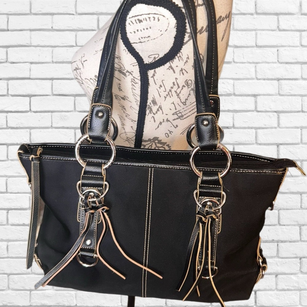 Franco Sarto Black Nylon‎ Satchel Handbag Silver Hardware Geometric Lining - Picture 3 of 10
